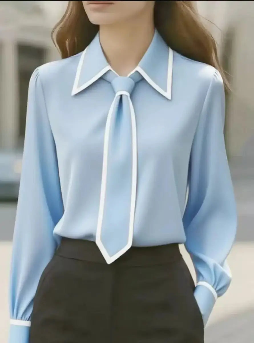 Contrast tie blouse with oversized collar and piping detail for women | Maison