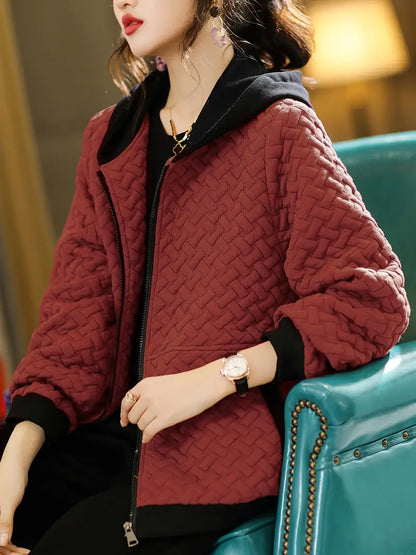Quilted zip up hoodie with basketweave textured design for women | Mirelle