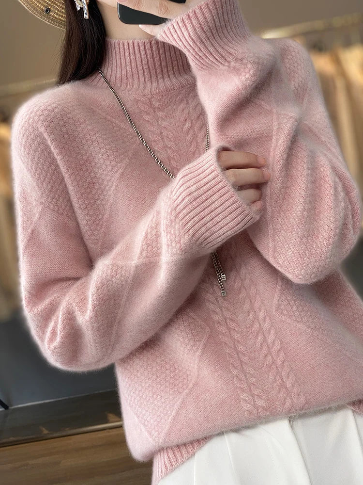 Cable knit turtleneck sweater with refined textured design for women | Ellis