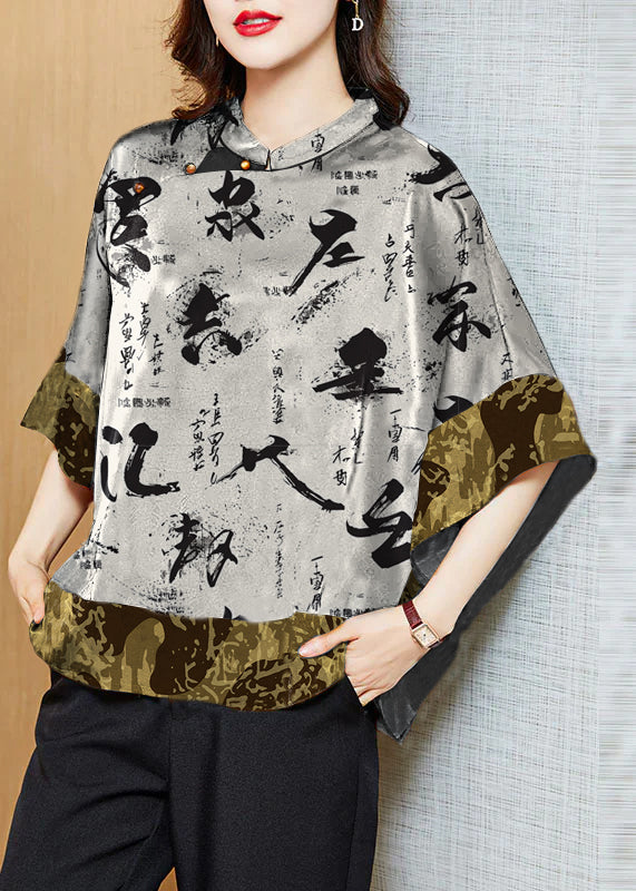 Vintage mandarin-collar jacquard silk blouse for women -3