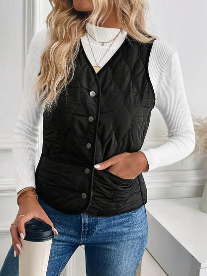 Quilted bomber vest with snap button front detail for women | Pique