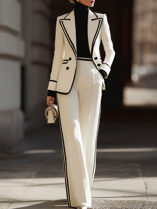 White Contrast-Trim Double-Breasted Suit Set for women | Elvarque
