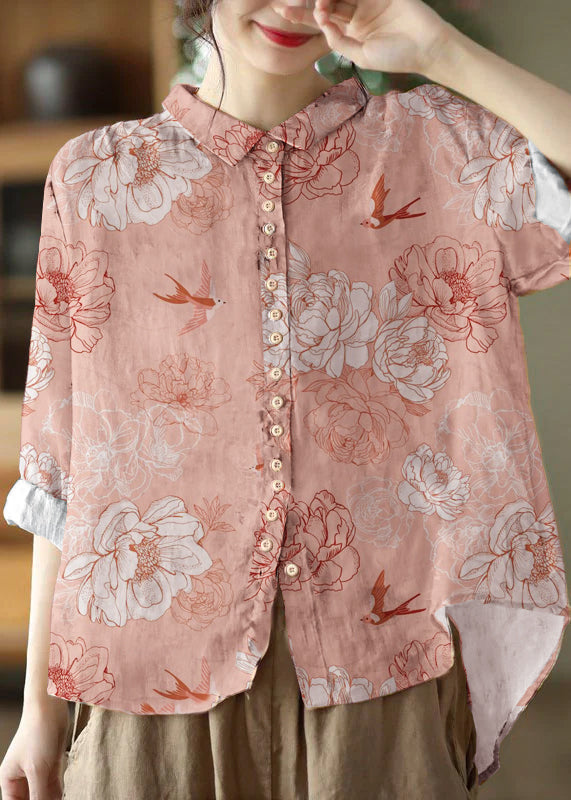 Peter-pan collar print cotton blouse for women -6