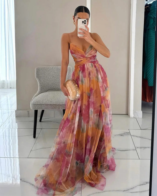 Flowy floral adjustable maxi dress for women | Bella -1