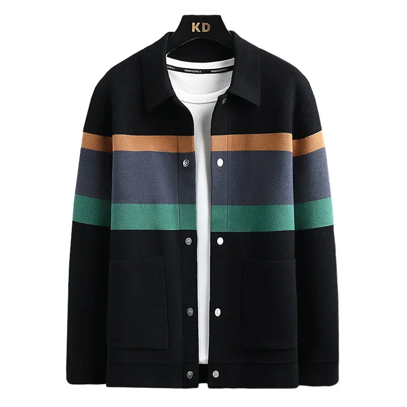 Striped varsity knit jacket with button up front detail for men | Camden