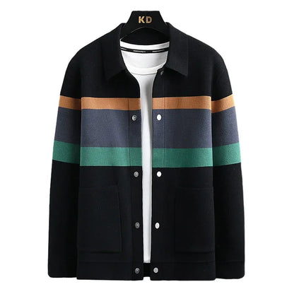 Striped varsity knit jacket with button up front detail for men | Camden