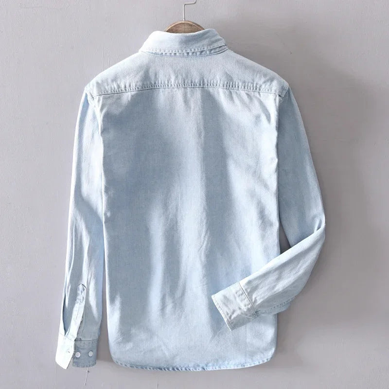 Denim button down shirt with classic chest pocket detail for men | Heritage