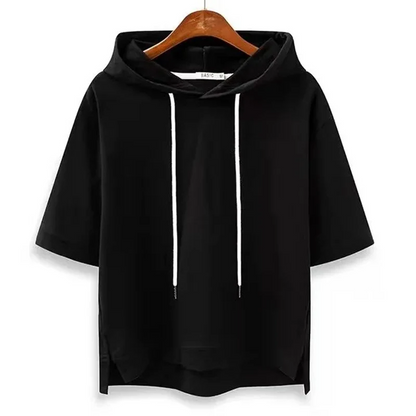 Short sleeve hooded top with relaxed boxy silhouette for women | Maison