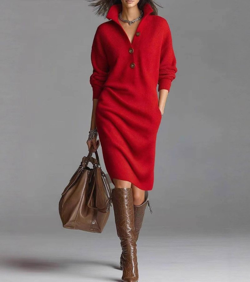 Warm long sleeve knit dress with high collar detail for women | Carmen