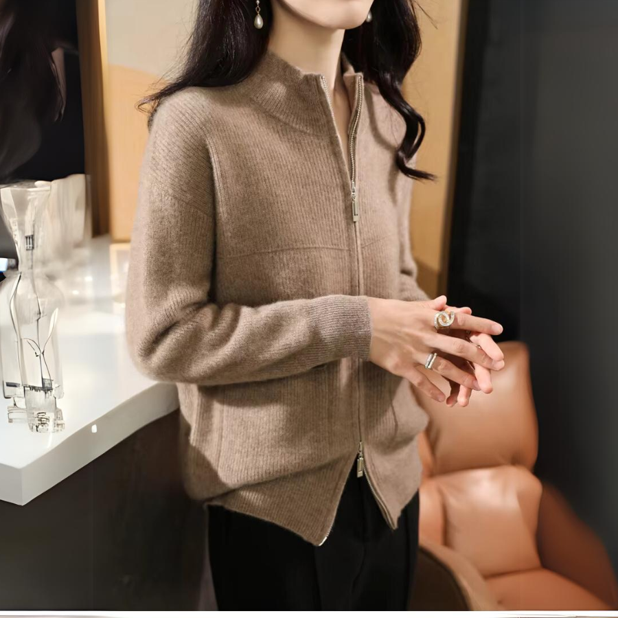Soft knit zip-up sweater with high neckline for women | Catherine Vale