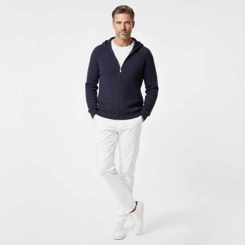 Lightweight full zip knit hoodie with ribbed trim for men | Orvane