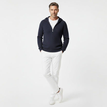 Lightweight full zip knit hoodie with ribbed trim for men | Orvane