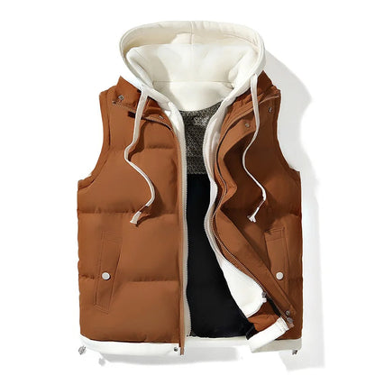 Hooded puffer gilet with zip front and contrast detail for men | Aspen
