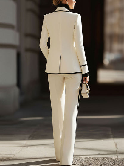 White Contrast-Trim Double-Breasted Suit Set for women | Elvarque