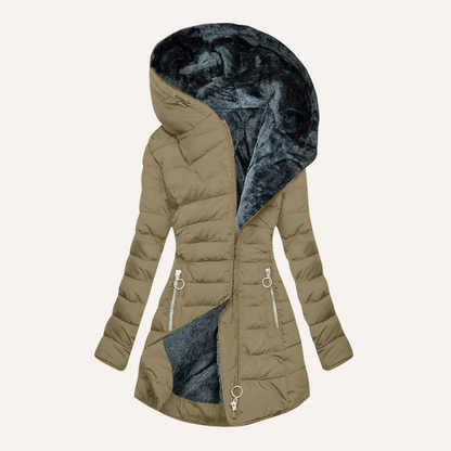 Winter hooded coat with asymmetrical zip and plush lining for women | Gina