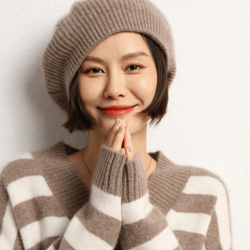 Classic ribbed knit beret with lightweight warmth for women | Elowen