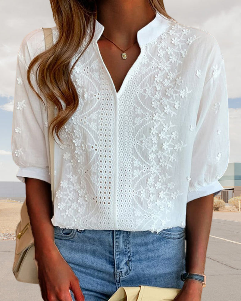 V-neck puff-sleeve patchwork blouse for women | Amélie -4