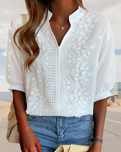 V-neck puff-sleeve patchwork blouse for women | Amélie -4