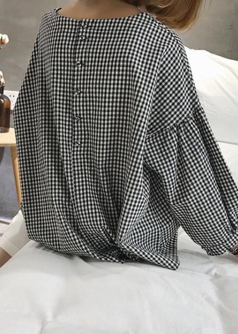 Plaid asymmetric plus-size cotton blouse for women -4