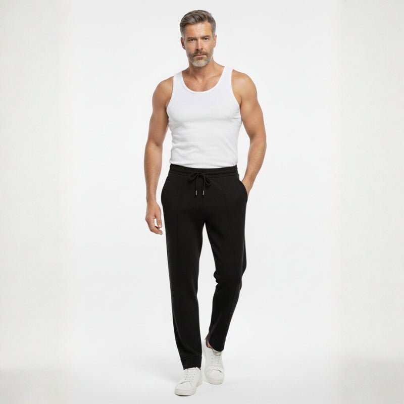 Relaxed fit knit drawstring pants with front seam detail for men | Solenne