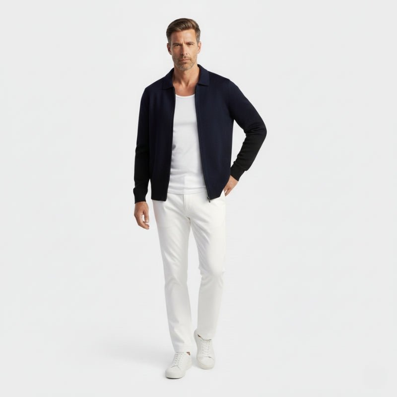 Refined zip up knit jacket with structured collar for men | Valenor