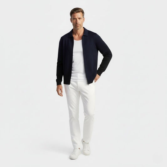 Refined zip up knit jacket with structured collar for men | Valenor