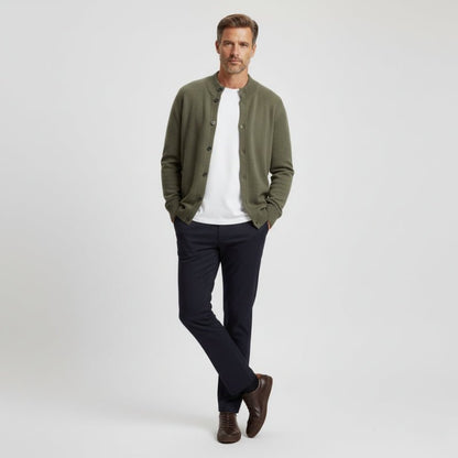 Refined button front knit jacket with ribbed detailing for men | Caelric