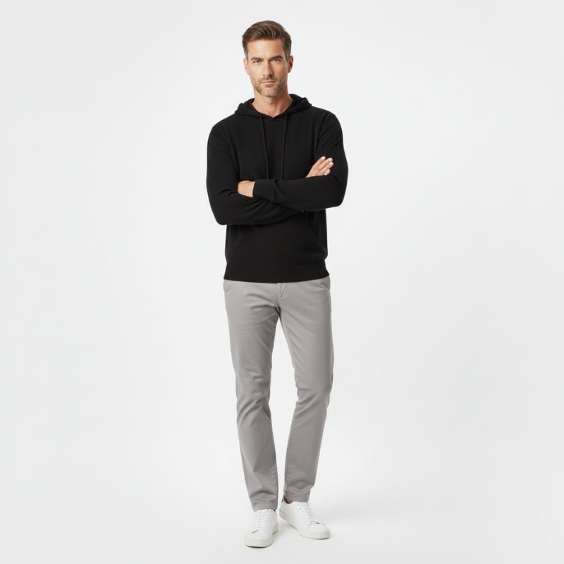 Tailored fit knit hoodie with ribbed detailing for men | Arvion