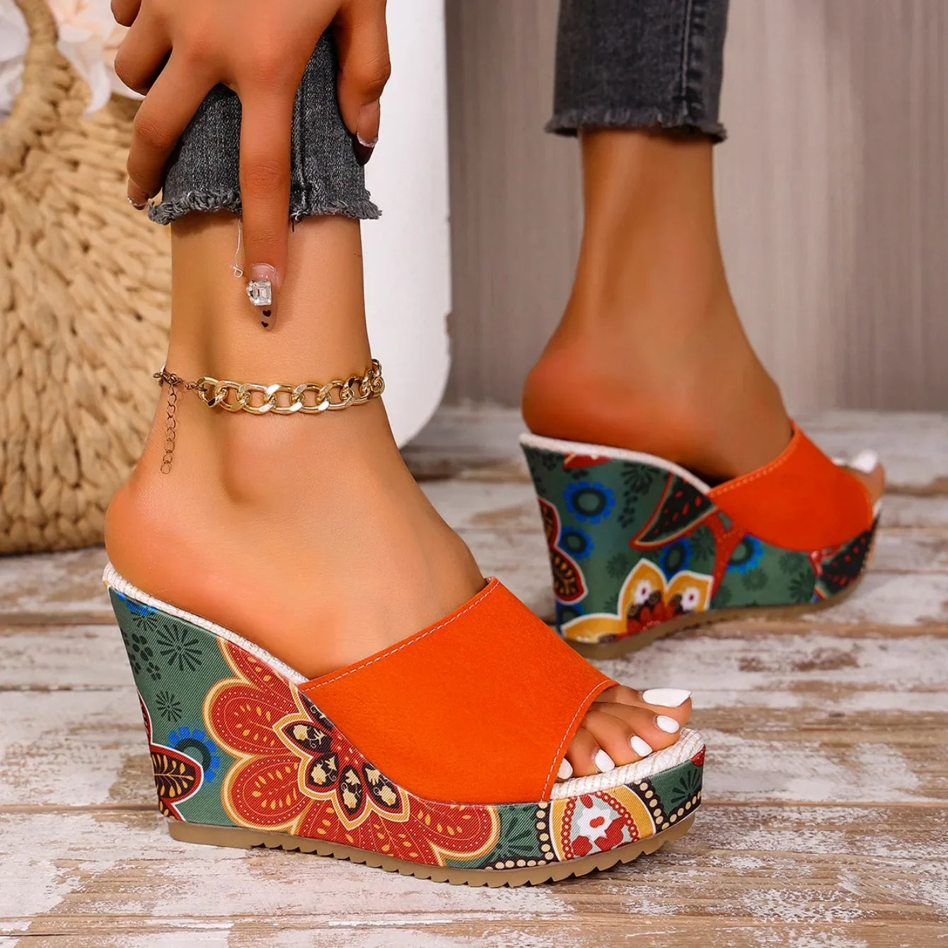 Velvet wedge mule sandal with floral printed heel detail for women | Boheme