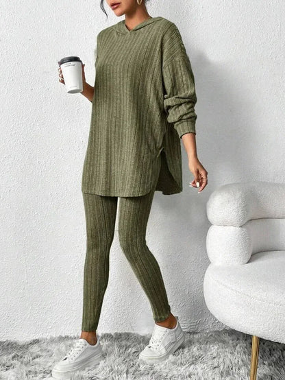 Ribbed knit lounge set with hooded top and high waist leggings for women | Camden