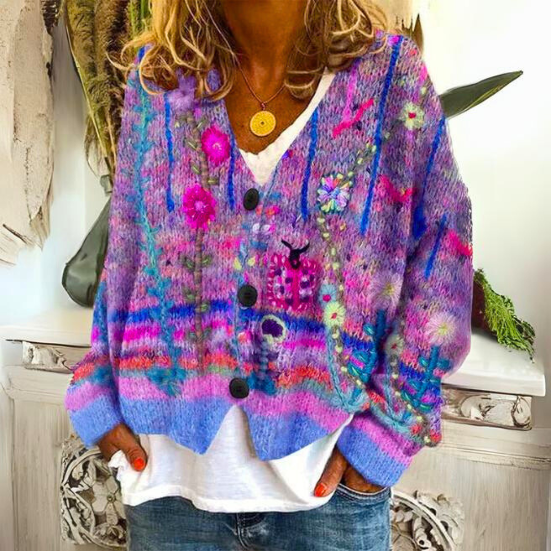 Relaxed floral embroidered bohemian cardigan for women | Elisa -4