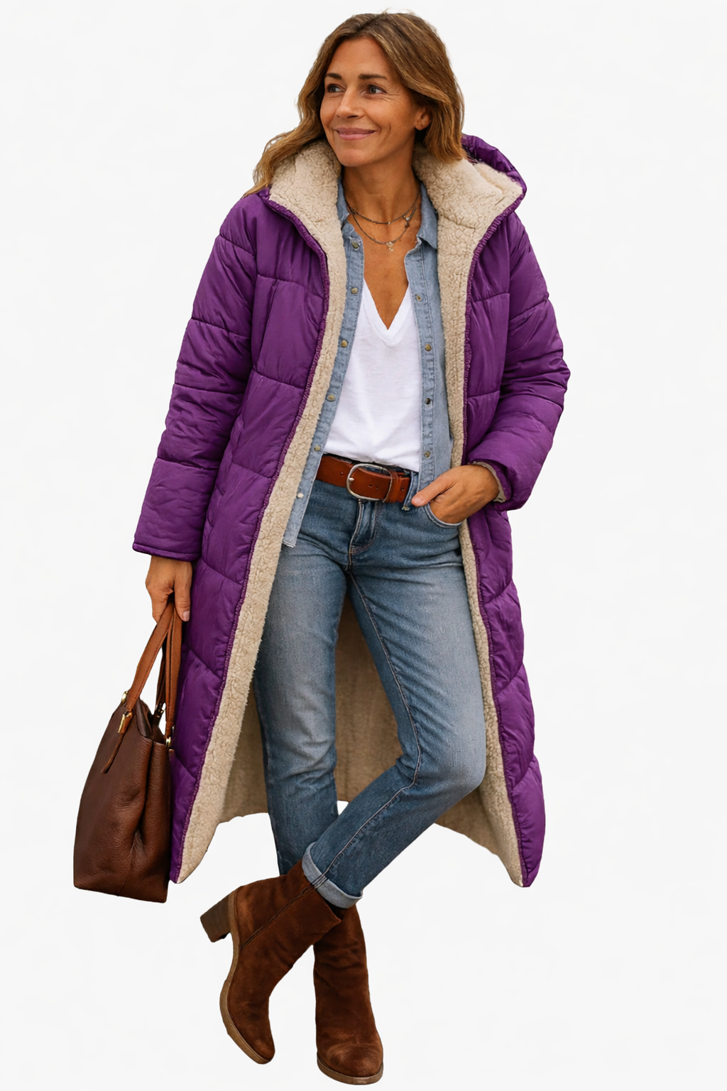 Quilted fleece-lined full-length puffer coat for women -7