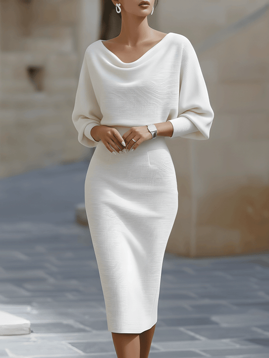 White Draped Batwing Midi Dress for women | Avelisse
