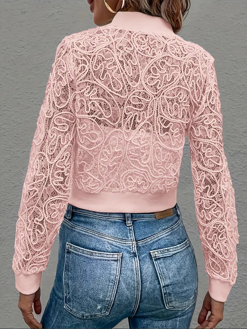 Cropped lace embroidered bomber jacket with ribbed trim for women | Elowen