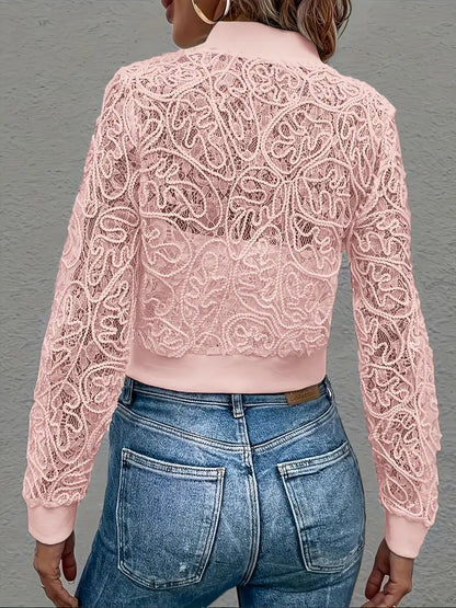 Cropped lace embroidered bomber jacket with ribbed trim for women | Elowen