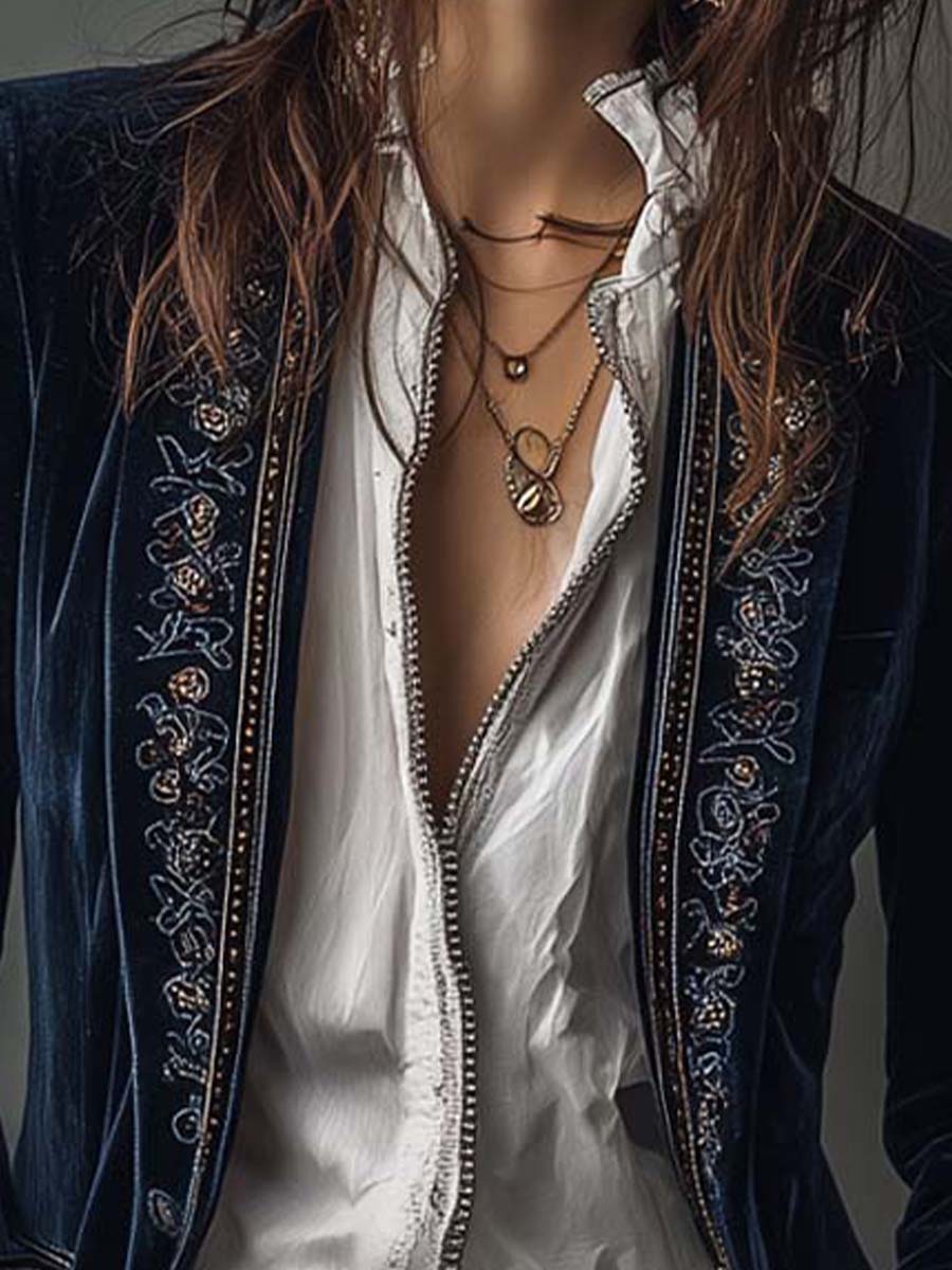 Vintage velvet embroidered longline blazer for women -5