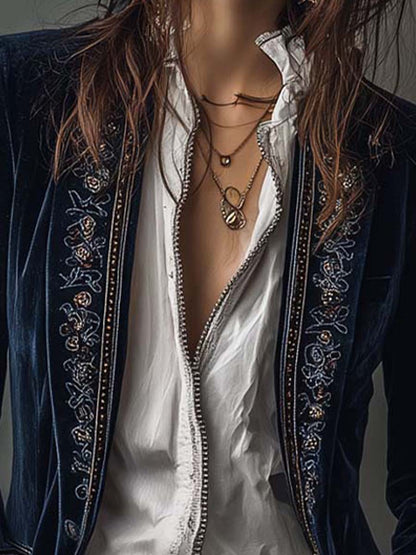 Vintage velvet embroidered longline blazer for women -5
