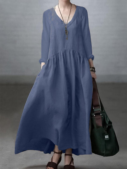 Relaxed v-neck linen casual dress for women -5