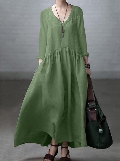 Relaxed v-neck linen casual dress for women -4