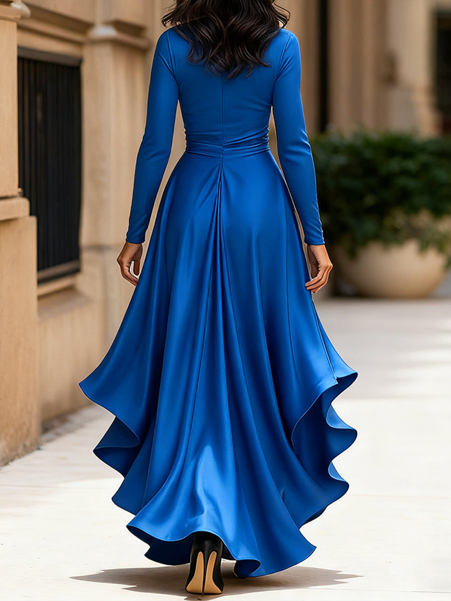Midnight Blue Draped Maxi Dress with Ruffle Hem for women | Evelisse