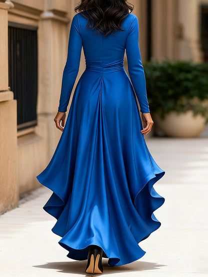 Midnight Blue Draped Maxi Dress with Ruffle Hem for women | Evelisse
