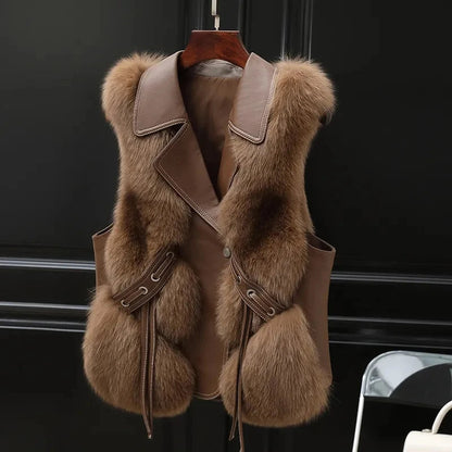 Oversized lapel winter gilet with adjustable waist tie detail for women | Empress