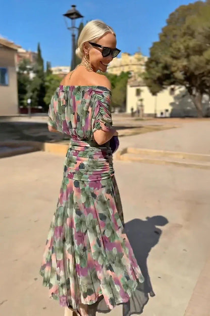 V neck painted floral print maxi dress with pleated waist for women | Fiora