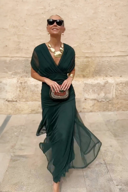 Elegant V neck pleated waist fantasy maxi dress for women | Seraphina