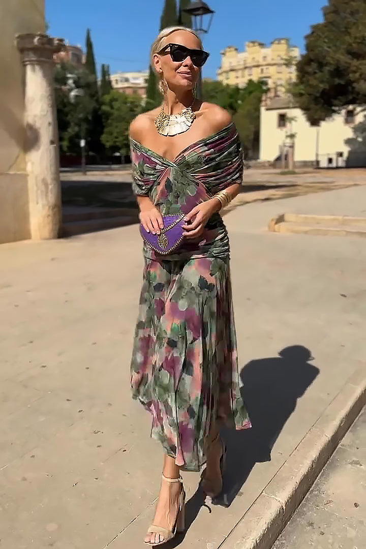 Elegant V neck pleated waist fantasy maxi dress for women | Seraphina