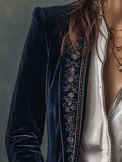 Vintage velvet embroidered longline blazer for women -6