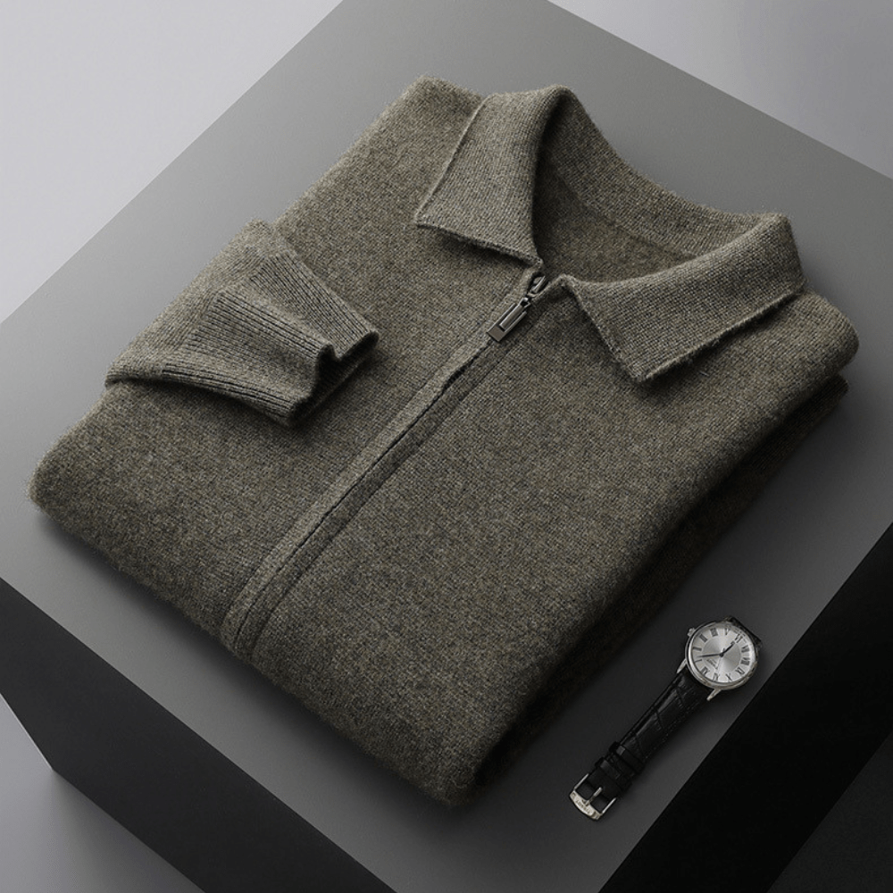 Refined zip up knit jacket with structured collar for men | Valenor