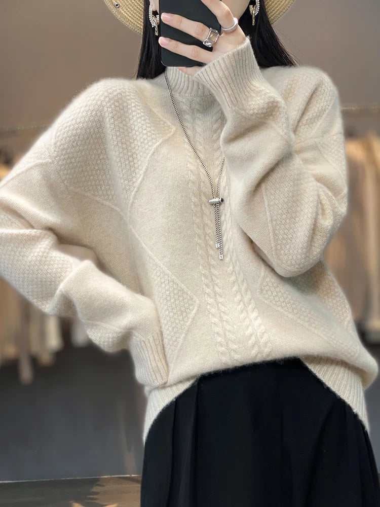 Cable knit turtleneck sweater with refined textured design for women | Ellis