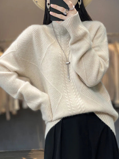Cable knit turtleneck sweater with refined textured design for women | Ellis