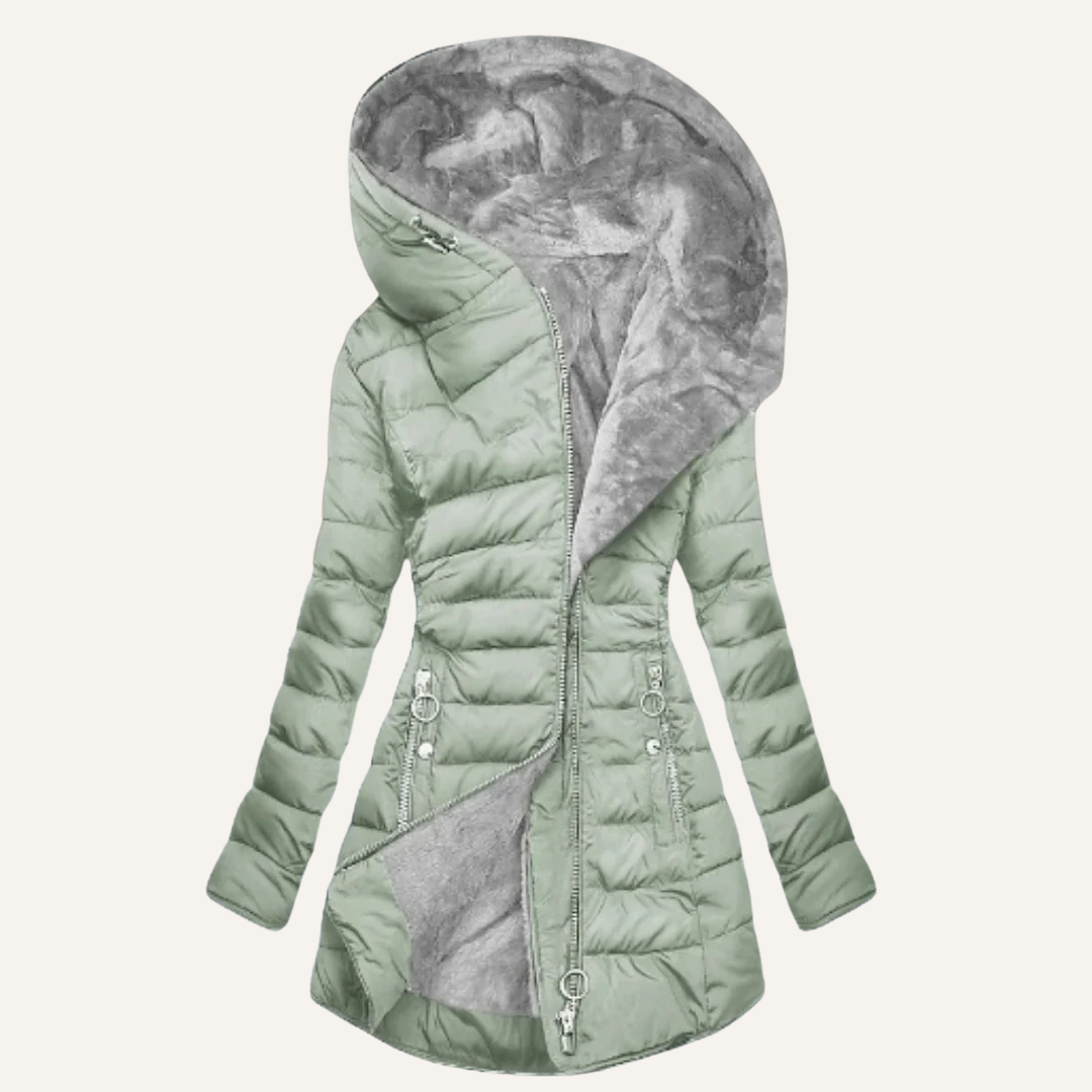 Winter hooded coat with asymmetrical zip and plush lining for women | Gina